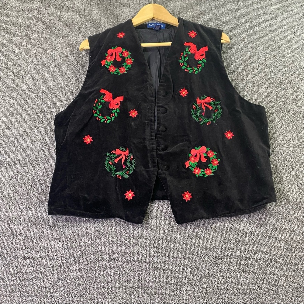 Vintage Karen Scott Black Velvet Vest Christmas Wreaths Floral Berries Women XL